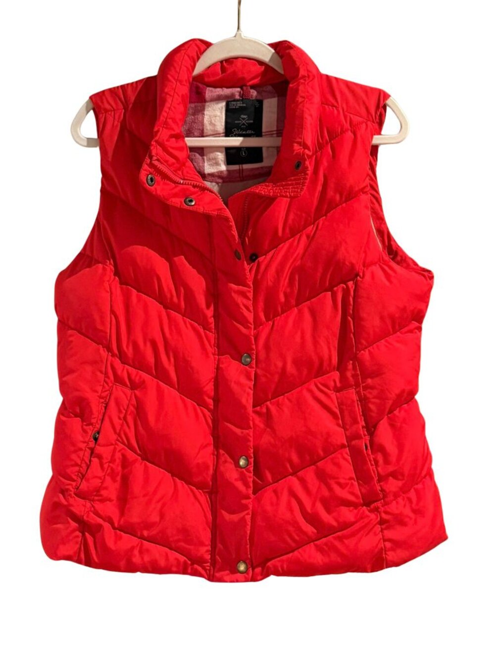 Gap Orange Chevron Quilted Puffer Vest Large Plaid Lining Winter Edition 2012